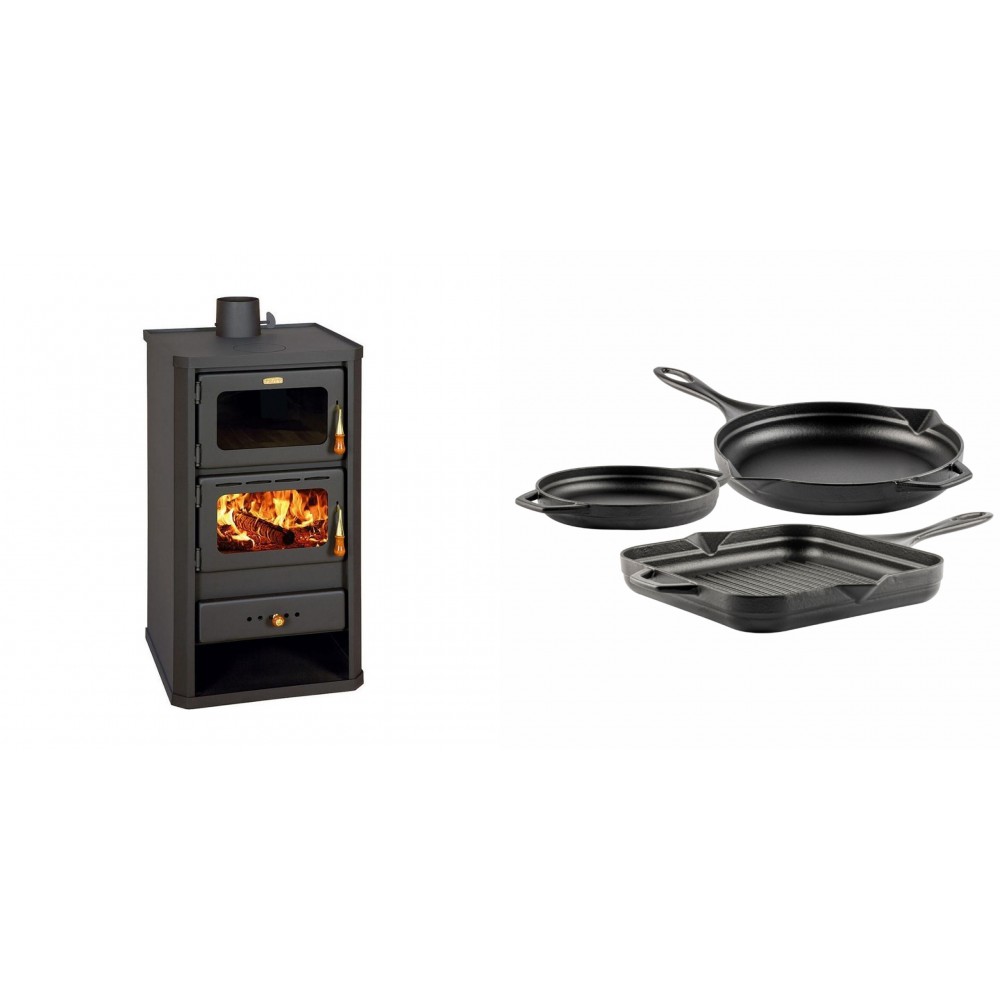 Set Kaminofen, Holzofen mit Backfach Prity, Modell FM, Leistung 12.1kW + Gusseisen Topf Set aus 3 teilen Solagio, Black Onyx