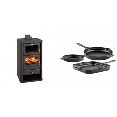 Set Kaminofen, Holzofen mit Backfach Prity, Modell FM, Leistung 12.1kW + Gusseisen Topf Set aus 3 teilen Solagio, Black Onyx - Kaminofen - Holzofen mit Backfach