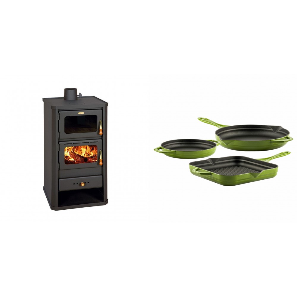 Set Kaminofen, Holzofen mit Backfach Prity, Modell FM, Leistung 12.1kW + Gusseisen Topf Set aus 3 teilen Solagio, Bamboo