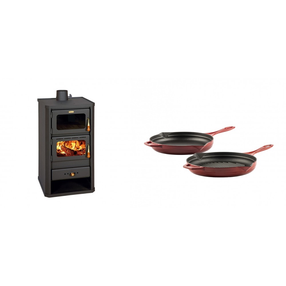 Set Kaminofen, Holzofen mit Backfach Prity, Modell FM, Leistung 12.1kW + Gusseisen Topf Set aus 2 teilen Solagio, Rubin