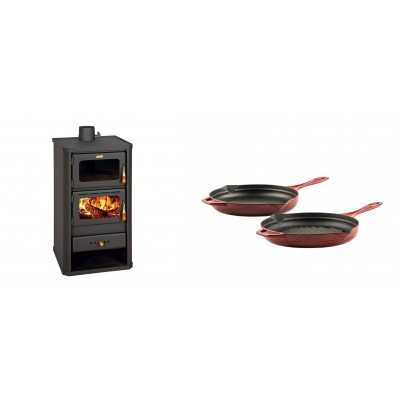 Set Kaminofen, Holzofen mit Backfach Prity, Modell FM, Leistung 12.1kW + Gusseisen Topf Set aus 2 teilen Solagio, Rubin - Kaminofen - Holzofen mit Backfach