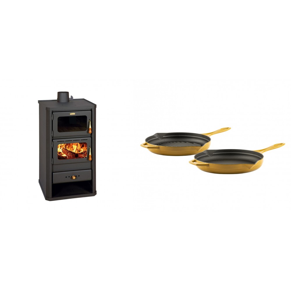 Set Kaminofen, Holzofen mit Backfach Prity, Modell FM, Leistung 12.1kW + Gusseisen Topf Set aus 2 teilen Solagio, Dijon