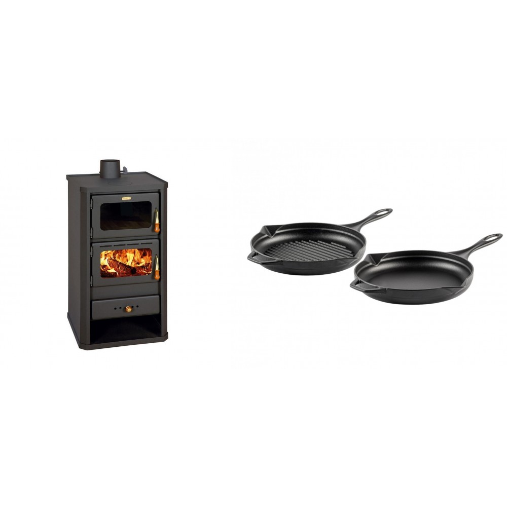 Set Kaminofen, Holzofen mit Backfach Prity, Modell FM, Leistung 12.1kW + Gusseisen Topf Set aus 2 teilen Solagio, Black Onyx
