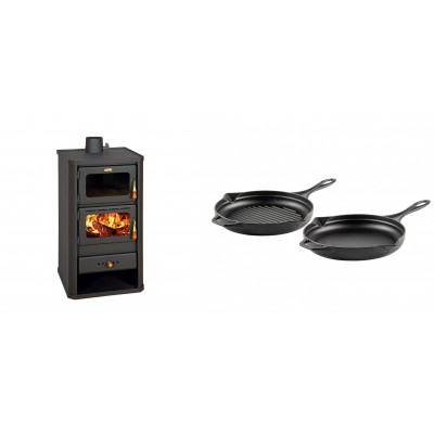 Set Kaminofen, Holzofen mit Backfach Prity, Modell FM, Leistung 12.1kW + Gusseisen Topf Set aus 2 teilen Solagio, Black Onyx - Kaminofen - Holzofen mit Backfach