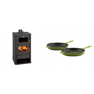 Set Kaminofen, Holzofen mit Backfach Prity, Modell FM, Leistung 12.1kW + Gusseisen Topf Set aus 2 teilen Solagio, Bamboo - Kaminofen - Holzofen mit Backfach