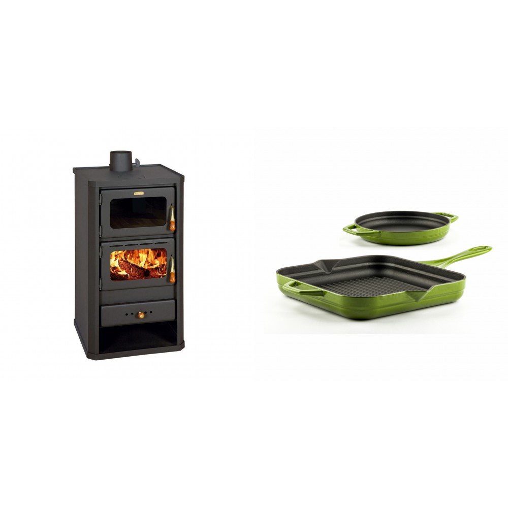 Set Kaminofen, Holzofen mit Backfach Prity, Modell FM, Leistung 12.1kW + Gusseisen Topf Set aus 2 teilen Solagio, Bamboo