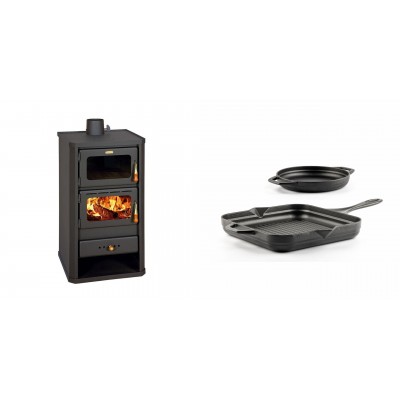 Set Kaminofen, Holzofen mit Backfach Prity, Modell FM, Leistung 12.1kW + Gusseisen Topf Set aus 2 teilen Solagio, Black Onyx - Kaminofen - Holzofen mit Backfach