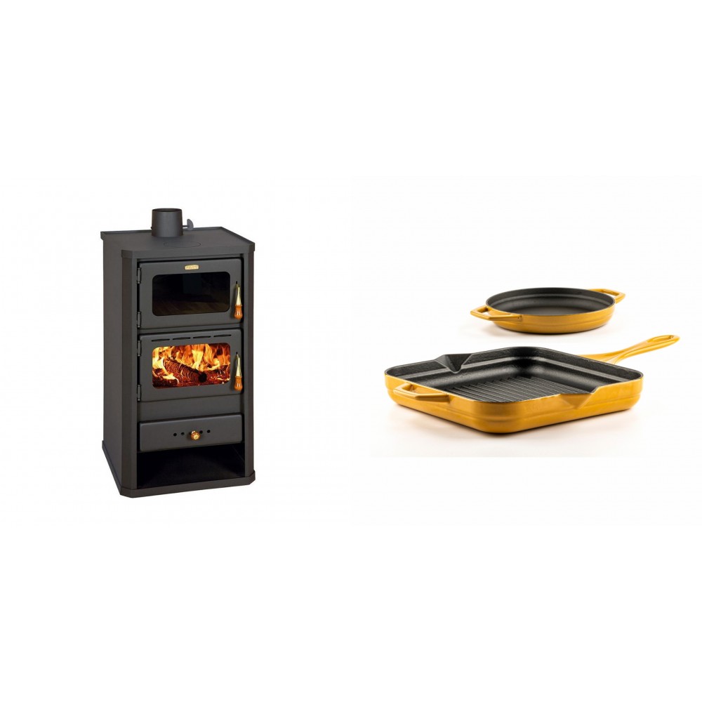 Set Kaminofen, Holzofen mit Backfach Prity, Modell FM, Leistung 12.1kW + Gusseisen Topf Set aus 2 teilen Solagio, Dijon