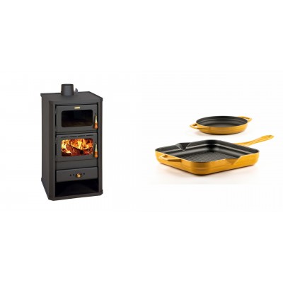 Set Kaminofen, Holzofen mit Backfach Prity, Modell FM, Leistung 12.1kW + Gusseisen Topf Set aus 2 teilen Solagio, Dijon - Kaminofen - Holzofen mit Backfach
