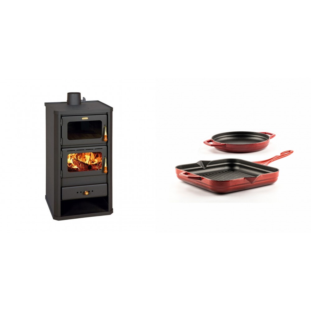Set Kaminofen, Holzofen mit Backfach Prity, Modell FM, Leistung 12.1kW + Gusseisen Topf Set aus 2 teilen Solagio, Rubin