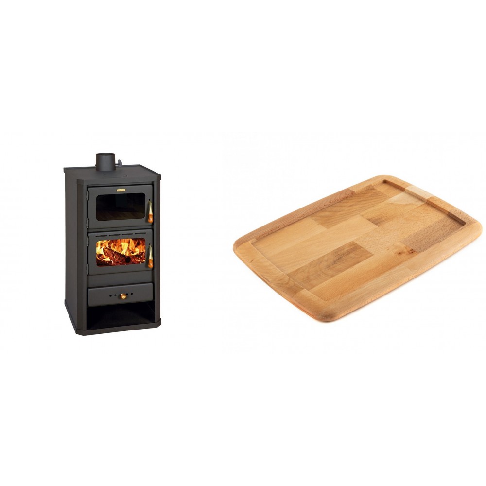 Set Kaminofen, Holzofen mit Backfach Prity, Modell FM, Leistung 12.1kW + Holz untersetzer für gusseisenplatte Solagio HSST2131