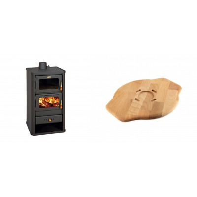 Set Kaminofen, Holzofen mit Backfach Prity, Modell FM, Leistung 12.1kW + Holz untersetzer für Gusseisenplatte Solagio HSYSAK28 - Kaminofen - Holzofen mit Backfach