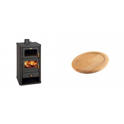 Set Kaminofen, Holzofen mit Backfach Prity, Modell FM, Leistung 12.1kW + Holz untersetzer für ovale gusseisenpfanne Solagio HSFT1825 - Kaminofen - Holzofen mit Backfach