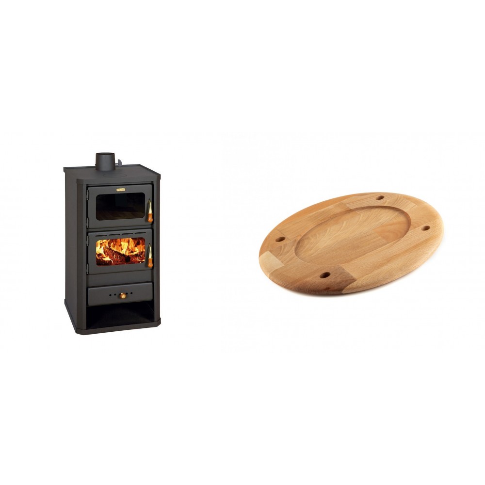 Set Kaminofen, Holzofen mit Backfach Prity, Modell FM, Leistung 12.1kW + Holz untersetzer für ovale platte Solagio HSOISK2533, 25x33cm