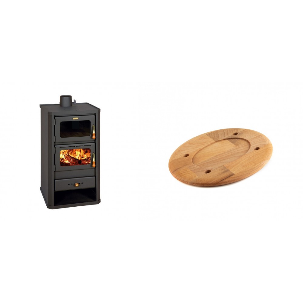 Set Kaminofen, Holzofen mit Backfach Prity, Modell FM, Leistung 12.1kW + Holz untersetzer für ovale platte Solagio HSOISK1728, 17x28cm