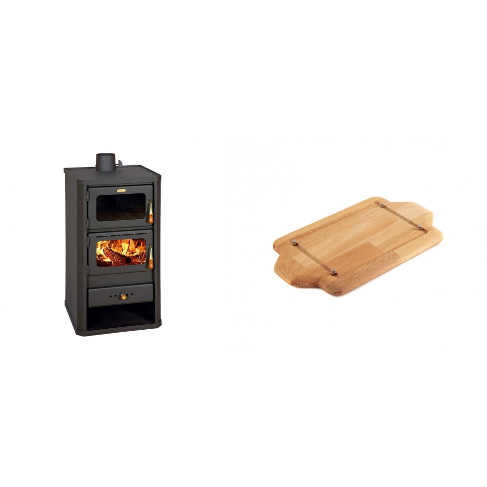 Set Kaminofen, Holzofen mit Backfach Prity, Modell FM, Leistung 12.1kW + Holz untersetzer für mini-gusseisenplatte Solagio HSDDHP1522
