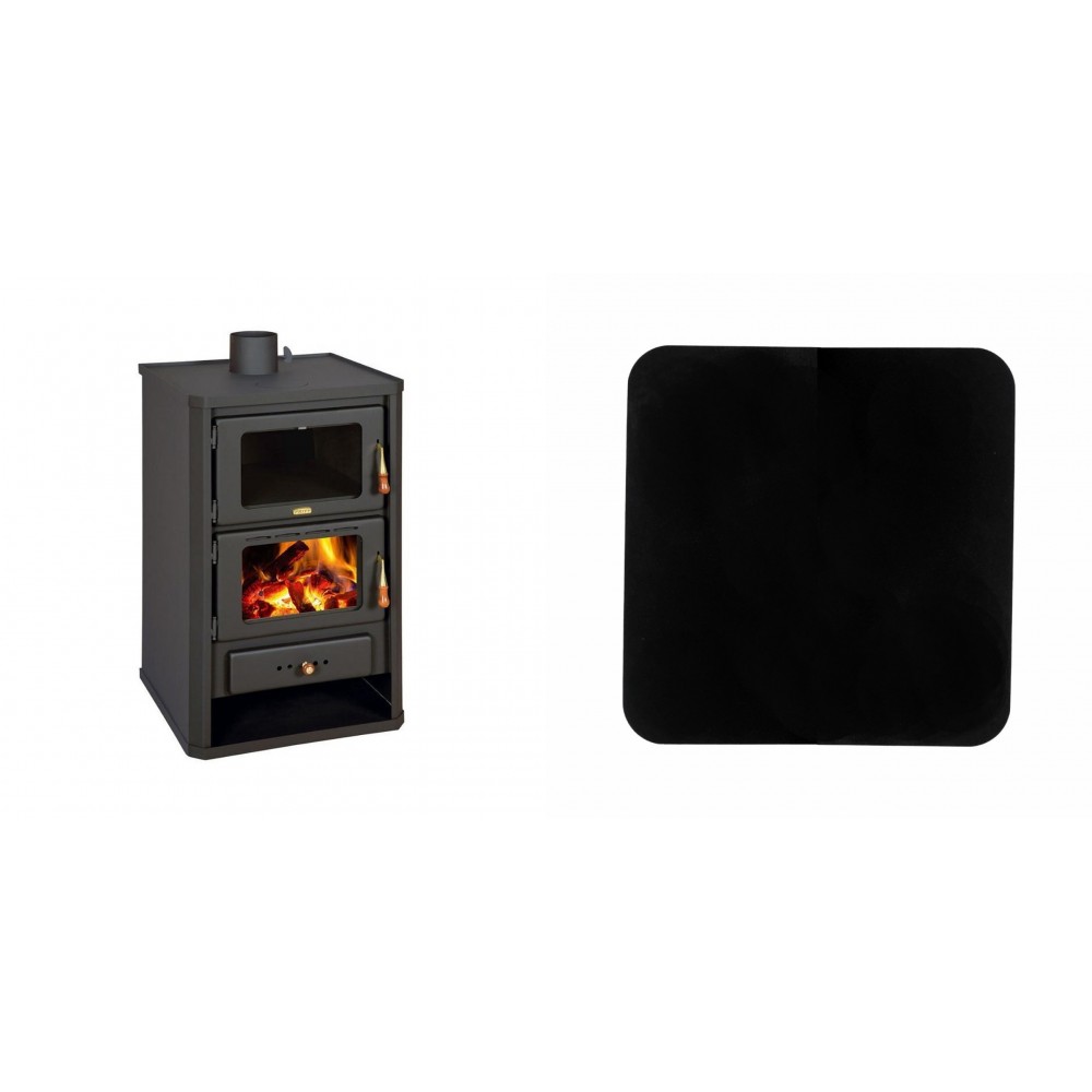 Set Kaminofen, Holzofen mit Backfach Prity, Modell FG, Leistung 14.2kW + Funkenschutzplatte Stahl 2mm, Größe 98x98cm | Holzofen | Kaminofen |