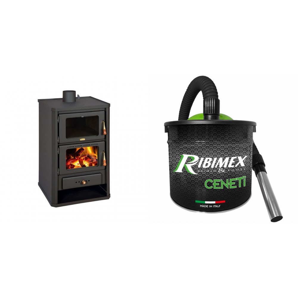 Set Kaminofen, Holzofen mit Backfach Prity, Modell FG, Leistung 14.2kW + Elektrischer Aschesauger Ribimex, Modell Cenetì, Fassungsvermögen 15 L | Holzofen | Kaminofen |