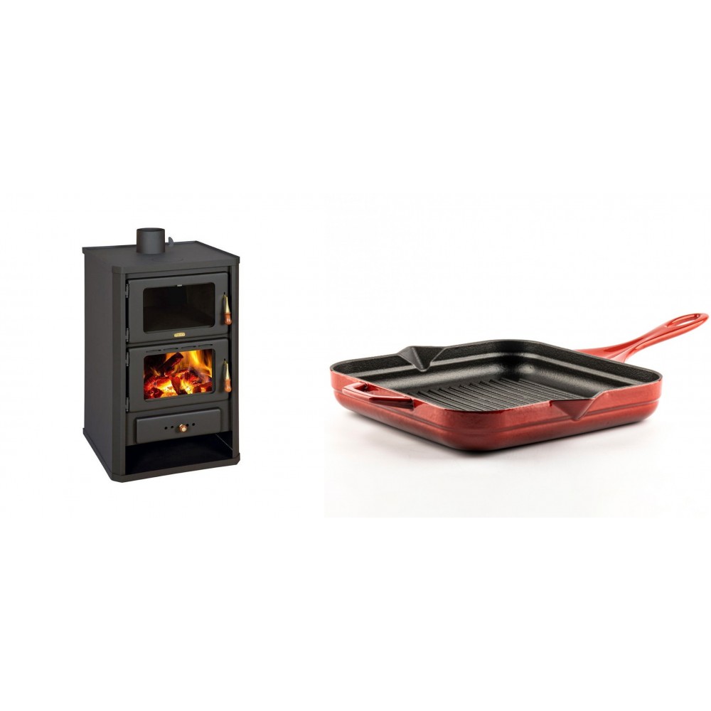 Set Kaminofen, Holzofen mit Backfach Prity, Modell FG, Leistung 14.2kW + Emaillierte grillpfanne Gusseisen Solagio, Rubin, 28x28cm