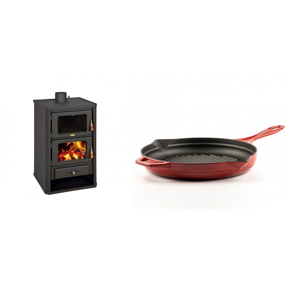 Set Kaminofen, Holzofen mit Backfach Prity, Modell FG, Leistung 14.2kW + Emaillierte grillpfanne Gusseisen Solagio, Rubin, Ф28cm