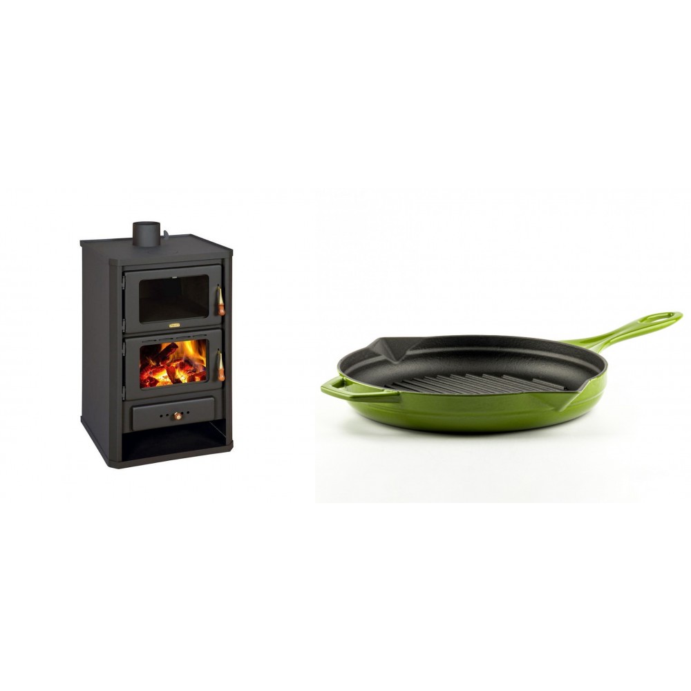 Set Kaminofen, Holzofen mit Backfach Prity, Modell FG, Leistung 14.2kW + Emaillierte grillpfanne Gusseisen Solagio, Bamboo, Ф28cm