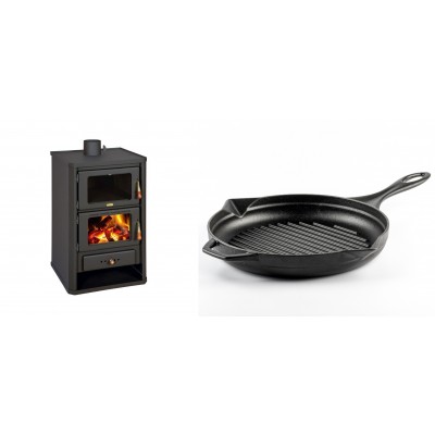 Set Kaminofen, Holzofen mit Backfach Prity, Modell FG, Leistung 14.2kW + Emaillierte grillpfanne Gusseisen Solagio, Black Onyx, Ф28cm - Kaminofen - Holzofen mit Backfach