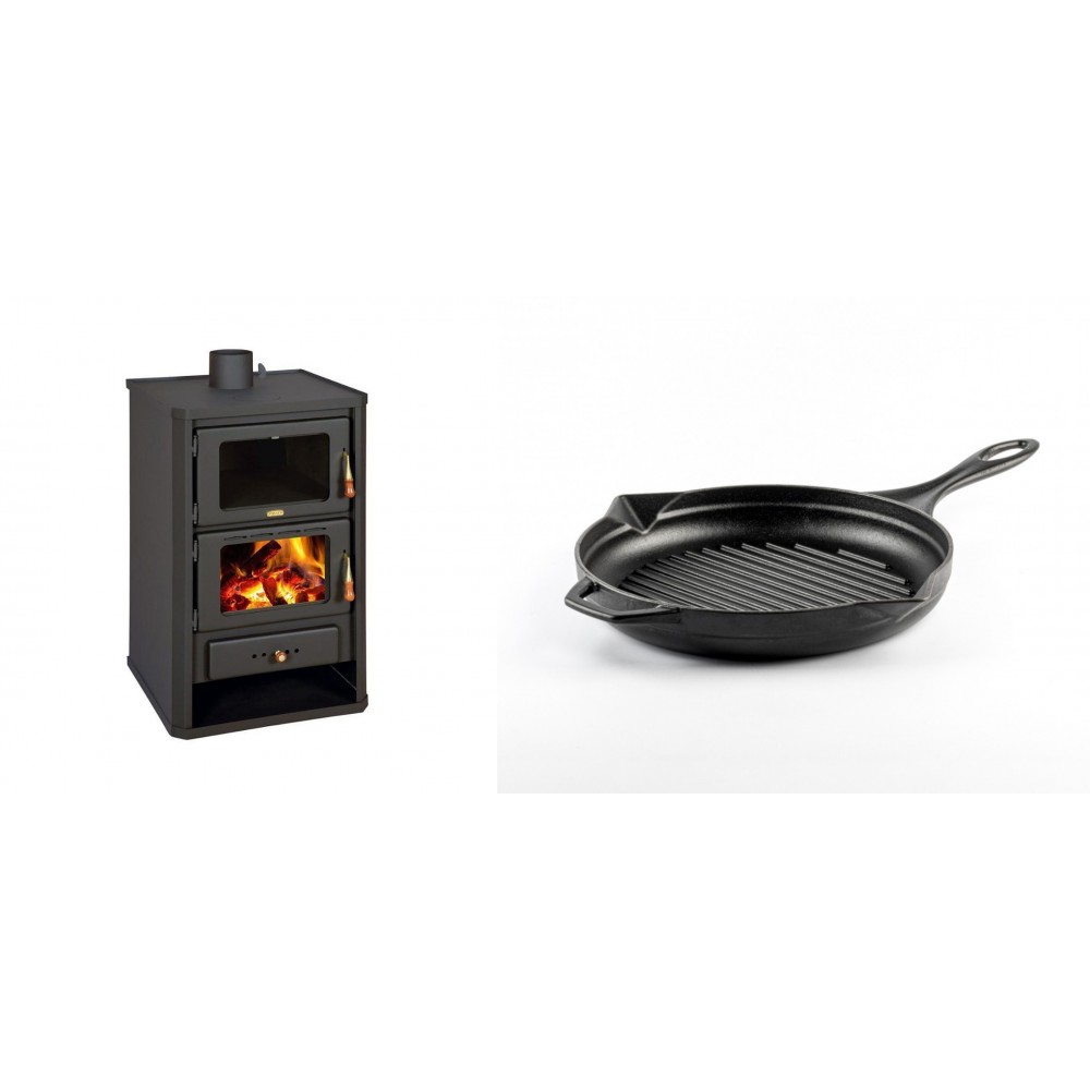 Set Kaminofen, Holzofen mit Backfach Prity, Modell FG, Leistung 14.2kW + Emaillierte grillpfanne Gusseisen Solagio, Black Onyx, Ф24cm