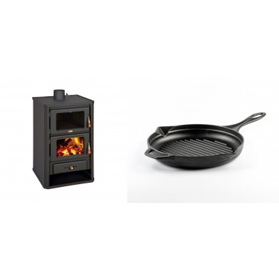 Set Kaminofen, Holzofen mit Backfach Prity, Modell FG, Leistung 14.2kW + Emaillierte grillpfanne Gusseisen Solagio, Black Onyx, Ф24cm - Kaminofen - Holzofen mit Backfach