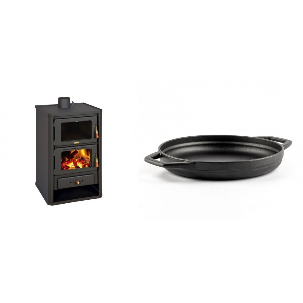Set Kaminofen, Holzofen mit Backfach Prity, Modell FG, Leistung 14.2kW + Emaillierte gusseisenpfanne mit zwei Griffen Solagio, Black Onyx, Ф22cm | Holzofen | Kaminofen |