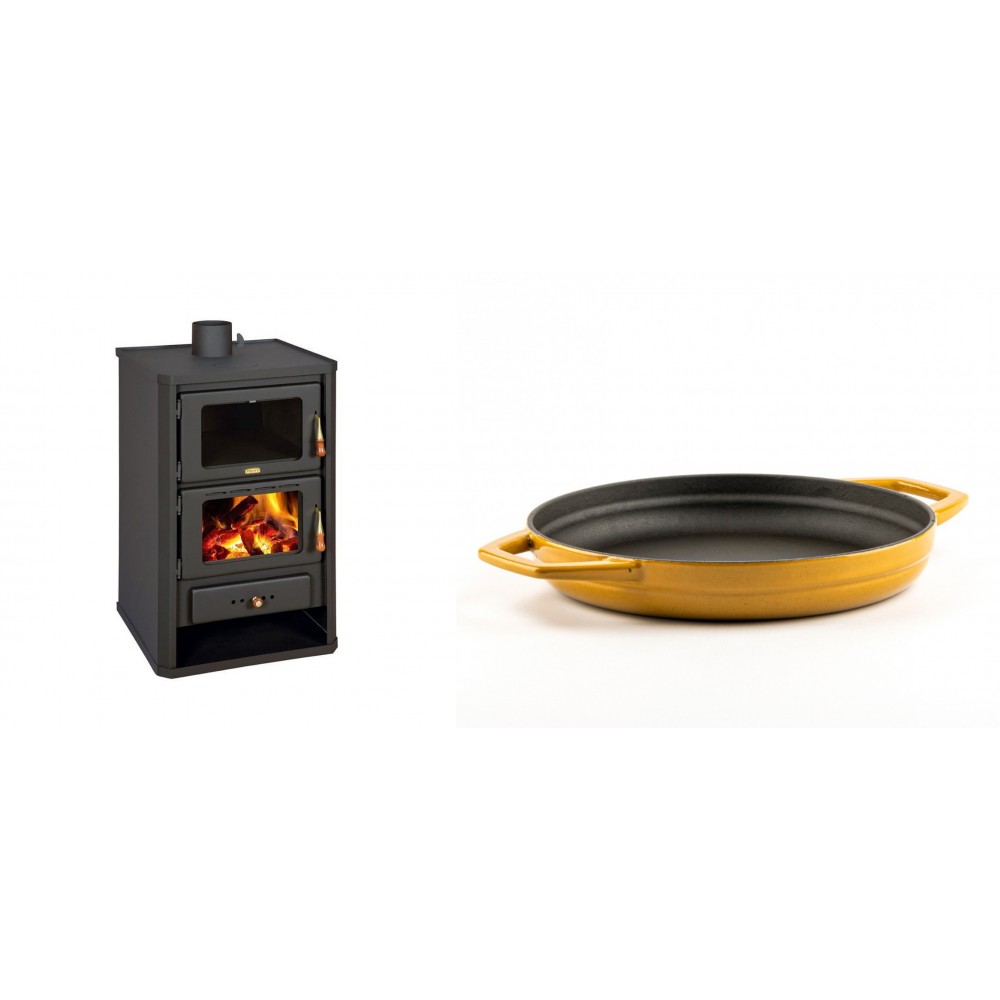 Set Kaminofen, Holzofen mit Backfach Prity, Modell FG, Leistung 14.2kW + Emaillierte gusseisenpfanne mit zwei Griffen Solagio, Dijon, Ф22cm | Holzofen | Kaminofen |
