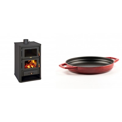 Set Kaminofen, Holzofen mit Backfach Prity, Modell FG, Leistung 14.2kW + Emaillierte gusseisenpfanne mit zwei Griffen Solagio, Rubin, Ф22cm - Kaminofen - Holzofen mit Backfach