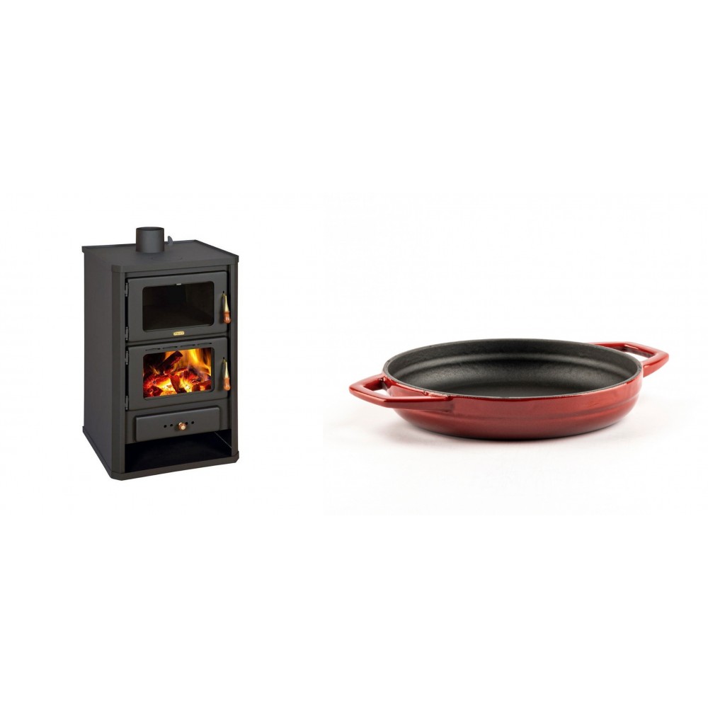 Set Kaminofen, Holzofen mit Backfach Prity, Modell FG, Leistung 14.2kW + Emaillierte gusseisenpfanne mit zwei Griffen Solagio, Rubin, Ф19cm