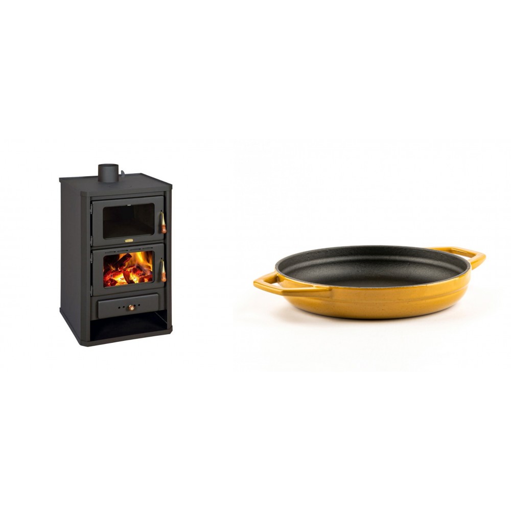 Set Kaminofen, Holzofen mit Backfach Prity, Modell FG, Leistung 14.2kW + Emaillierte gusseisenpfanne mit zwei Griffen Solagio, Dijon, Ф19cm