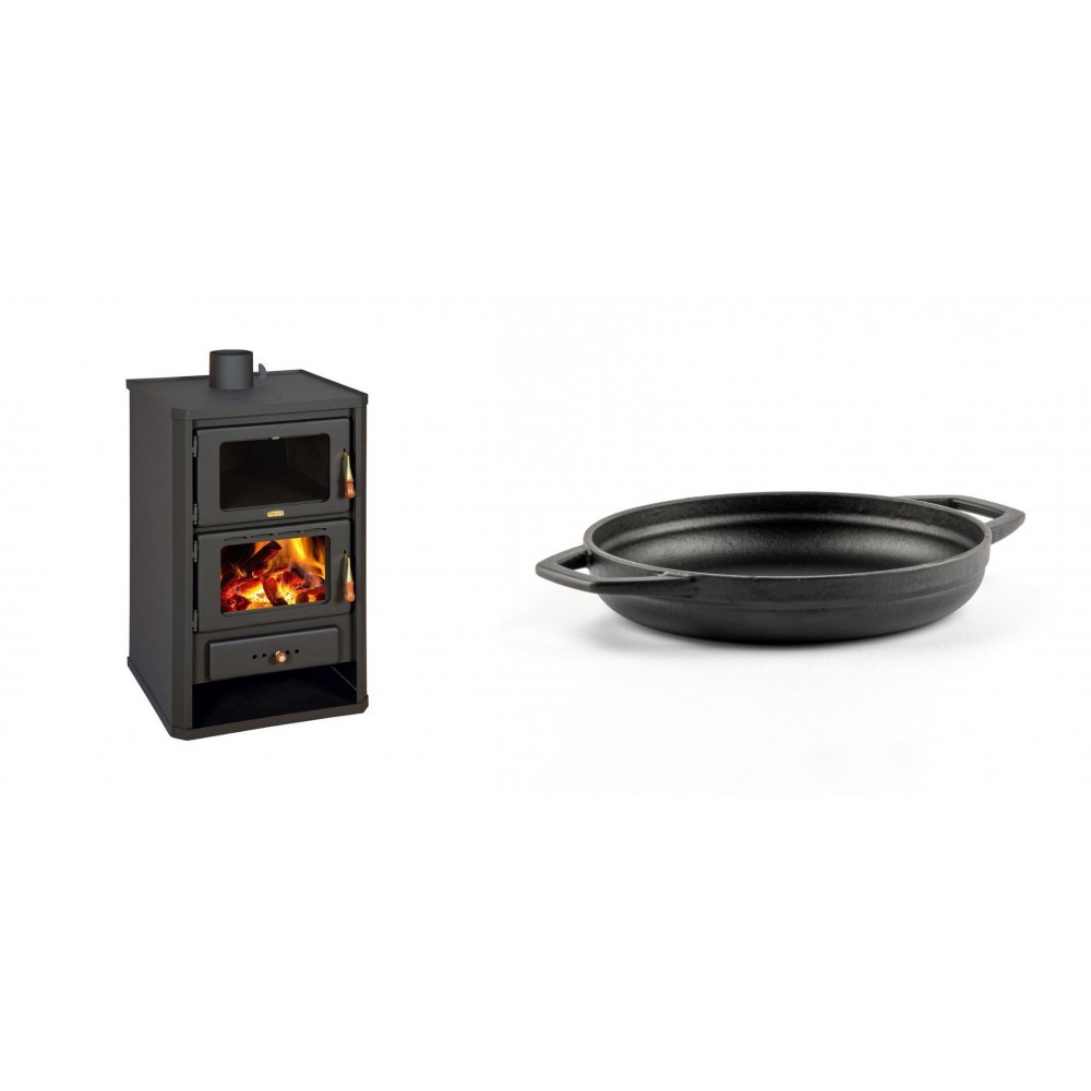 Set Kaminofen, Holzofen mit Backfach Prity, Modell FG, Leistung 14.2kW + Emaillierte gusseisenpfanne mit zwei Griffen Solagio, Black Onyx, Ф19cm | Holzofen | Kaminofen |