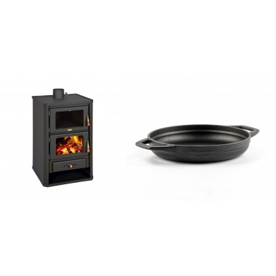 Set Kaminofen, Holzofen mit Backfach Prity, Modell FG, Leistung 14.2kW + Emaillierte gusseisenpfanne mit zwei Griffen Solagio, Black Onyx, Ф19cm - Kaminofen - Holzofen mit Backfach
