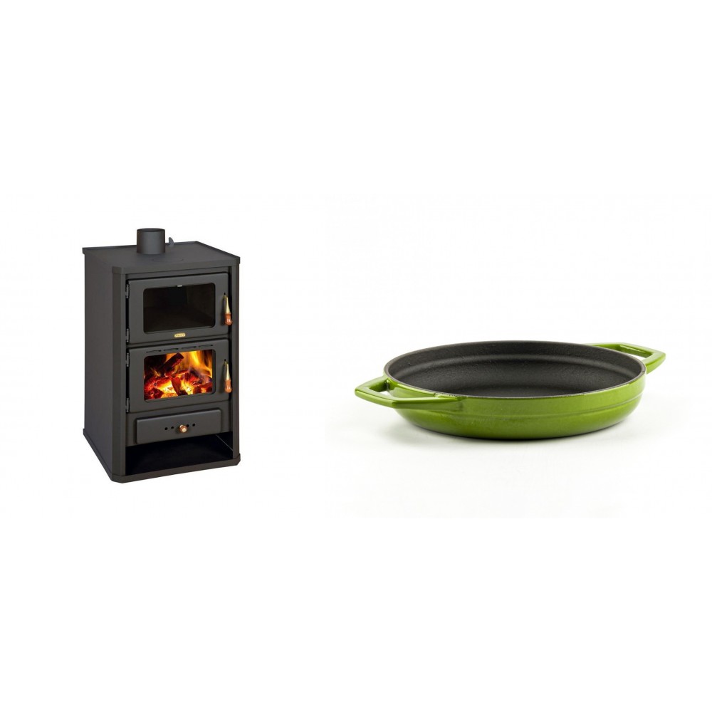 Set Kaminofen, Holzofen mit Backfach Prity, Modell FG, Leistung 14.2kW + Emaillierte gusseisenpfanne mit zwei Griffen Solagio, Bamboo, Ф19cm | Holzofen | Kaminofen |