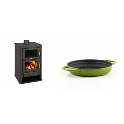 Set Kaminofen, Holzofen mit Backfach Prity, Modell FG, Leistung 14.2kW + Emaillierte gusseisenpfanne mit zwei Griffen Solagio, Bamboo, Ф19cm - Kaminofen - Holzofen mit Backfach