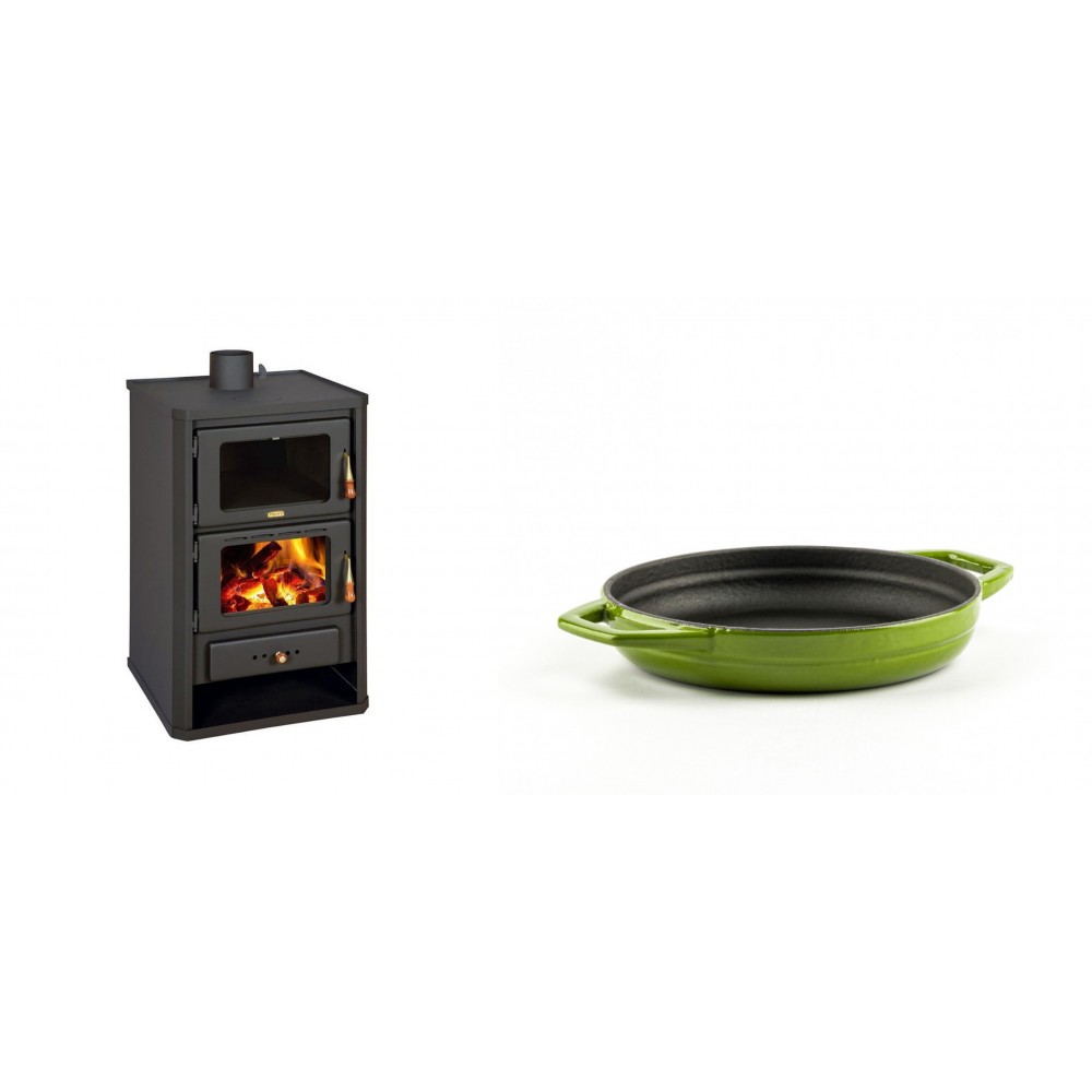 Set Kaminofen, Holzofen mit Backfach Prity, Modell FG, Leistung 14.2kW + Emaillierte gusseisenpfanne mit zwei Griffen Solagio, Bamboo, Ф16cm | Holzofen | Kaminofen |