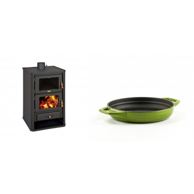 Set Kaminofen, Holzofen mit Backfach Prity, Modell FG, Leistung 14.2kW + Emaillierte gusseisenpfanne mit zwei Griffen Solagio, Bamboo, Ф16cm - Kaminofen - Holzofen mit Backfach