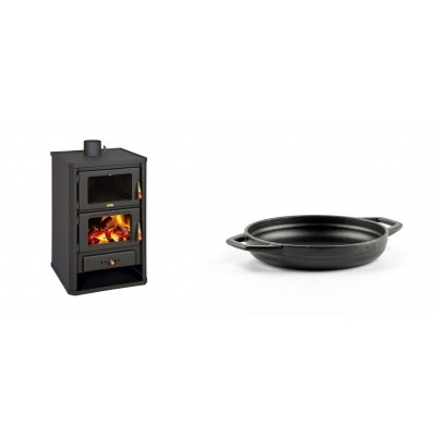 Set Kaminofen, Holzofen mit Backfach Prity, Modell FG, Leistung 14.2kW + Emaillierte gusseisenpfanne mit zwei Griffen Solagio, Black Onyx, Ф16cm - Kaminofen - Holzofen mit Backfach