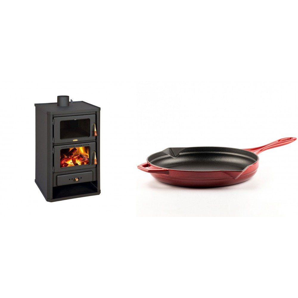 Set Kaminofen, Holzofen mit Backfach Prity, Modell FG, Leistung 14.2kW + Emaillierte Gusseisenpfanne Solagio, Rubin, Ф28cm