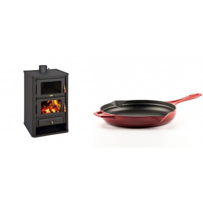 Set Kaminofen, Holzofen mit Backfach Prity, Modell FG, Leistung 14.2kW + Emaillierte Gusseisenpfanne Solagio, Rubin, Ф28cm - Kaminofen - Holzofen mit Backfach