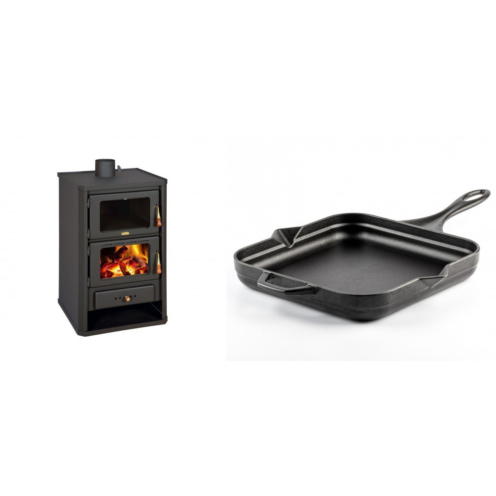 Set Kaminofen, Holzofen mit Backfach Prity, Modell FG, Leistung 14.2kW + Emaillierte Gusseisenpfanne Solagio, Black Onyx, 28x28cm | Holzofen | Kaminofen |