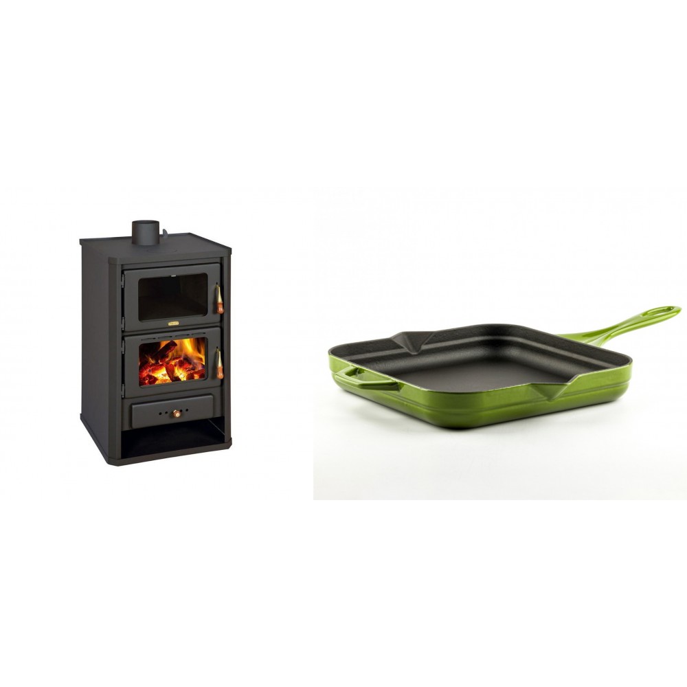 Set Kaminofen, Holzofen mit Backfach Prity, Modell FG, Leistung 14.2kW + Emaillierte Gusseisenpfanne Solagio, Bamboo, 28x28cm | Holzofen | Kaminofen |