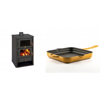 Set Kaminofen, Holzofen mit Backfach Prity, Modell FG, Leistung 14.2kW + Emaillierte Gusseisenpfanne Solagio, Dijon, 28x28cm - Kaminofen - Holzofen mit Backfach