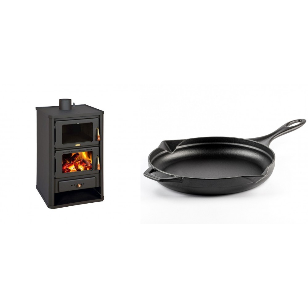 Set Kaminofen, Holzofen mit Backfach Prity, Modell FG, Leistung 14.2kW + Emaillierte Gusseisenpfanne Solagio, Black Onyx, Ф28cm | Holzofen | Kaminofen |