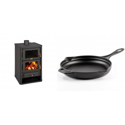 Set Kaminofen, Holzofen mit Backfach Prity, Modell FG, Leistung 14.2kW + Emaillierte Gusseisenpfanne Solagio, Black Onyx, Ф28cm - Kaminofen - Holzofen mit Backfach