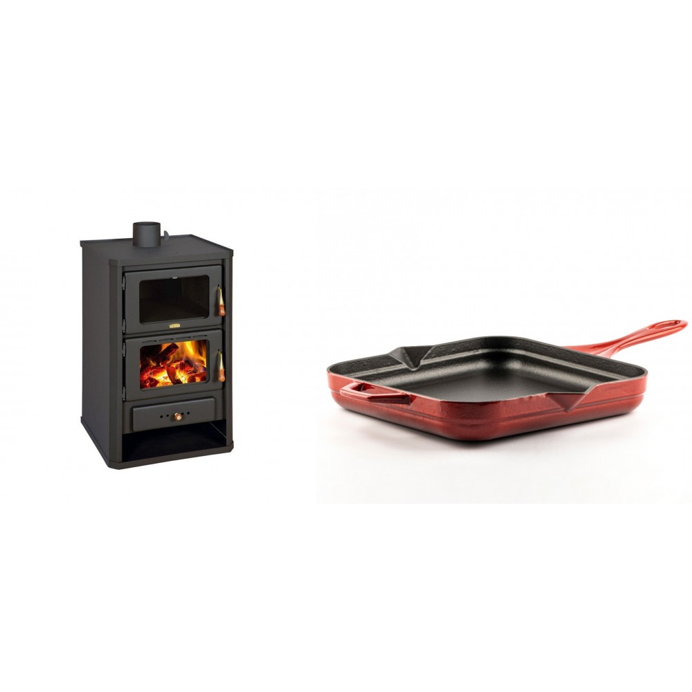 Set Kaminofen, Holzofen mit Backfach Prity, Modell FG, Leistung 14.2kW + Emaillierte Gusseisenpfanne Solagio, Rubin, 28x28cm