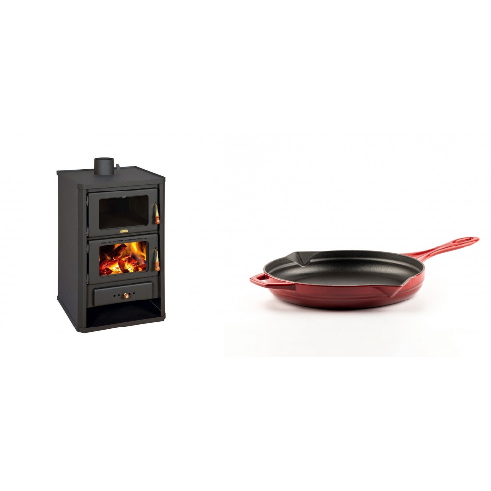 Set Kaminofen, Holzofen mit Backfach Prity, Modell FG, Leistung 14.2kW + Emaillierte Gusseisenpfanne Solagio, Rubin, Ф24cm