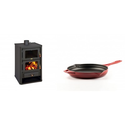 Set Kaminofen, Holzofen mit Backfach Prity, Modell FG, Leistung 14.2kW + Emaillierte Gusseisenpfanne Solagio, Rubin, Ф24cm - Kaminofen - Holzofen mit Backfach